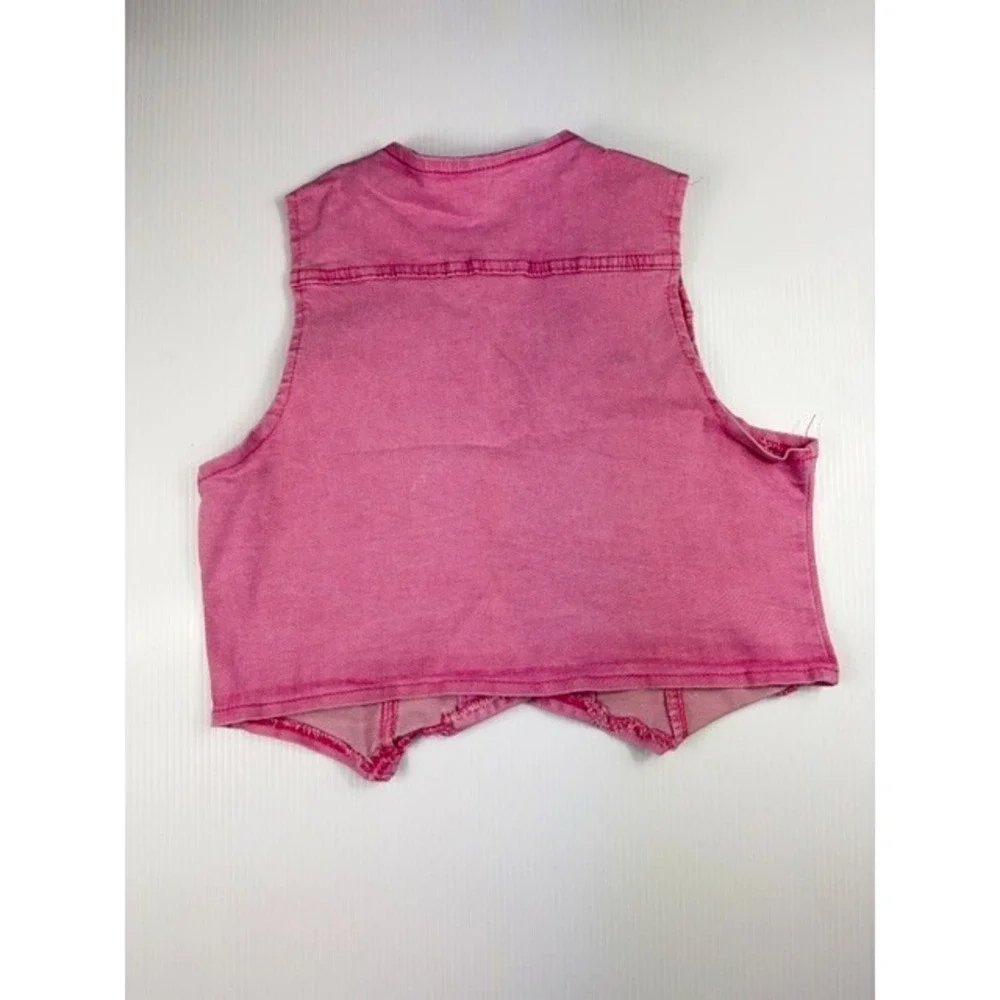 Y2K Pink Denim Two‎ Piece Set Crop Vest Raw Hem Star Cutout Shorts Size Small